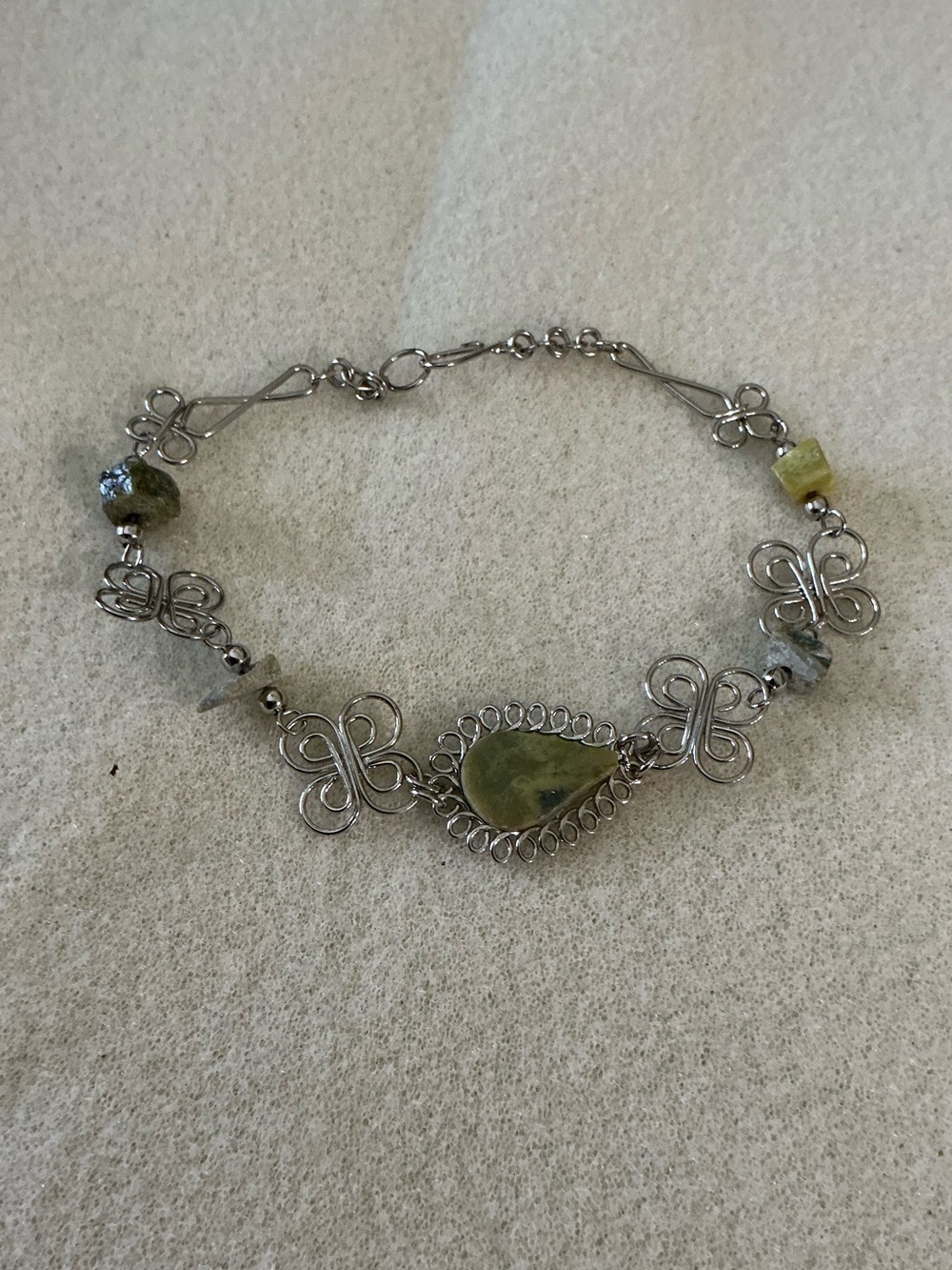 Handcrafted Green Stone and Silver Butterfly Link Bracelet, 8”